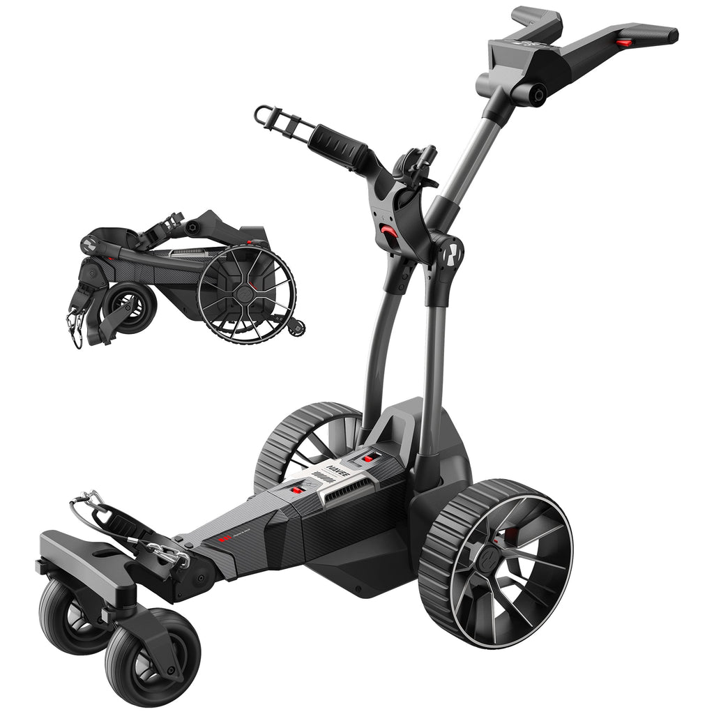NAVEE Birdie 3 electric golf caddie, upright and folded